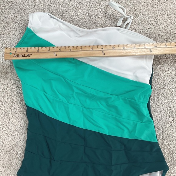Eomenie Womens One Shoulder Colorblock Ruched One Piece Swimsuit Green White - Picture 10 of 10
